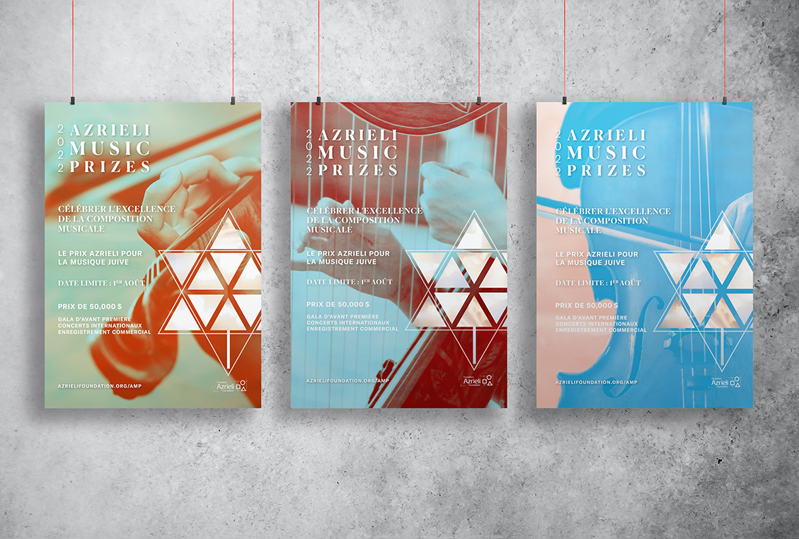 3 advertising posters for the 2022 edition of the Azrieli Music Prizes.